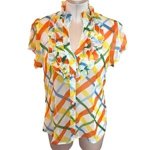 Dots Womens Y2K Plaid Ruffle Chiffon Sheer Multicolor Button Down Short Sleeve L